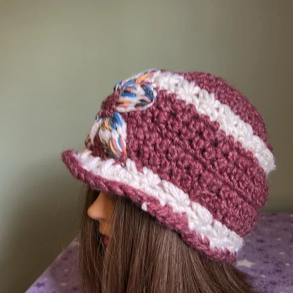 Handcrafted dark cherry Crochet Hat with Floral Accent medium extremely warm - Picture 9 of 10